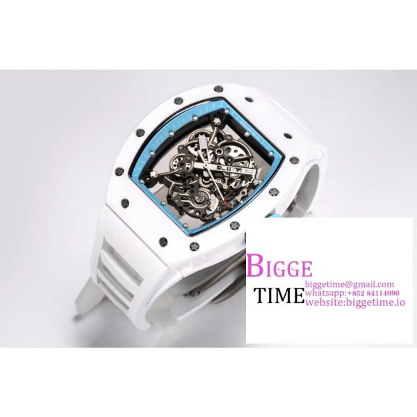 RM055 White Ceramic Skeleton Dial Blue Crown White Rubber Strap BBRF RMUL2 - Image 8