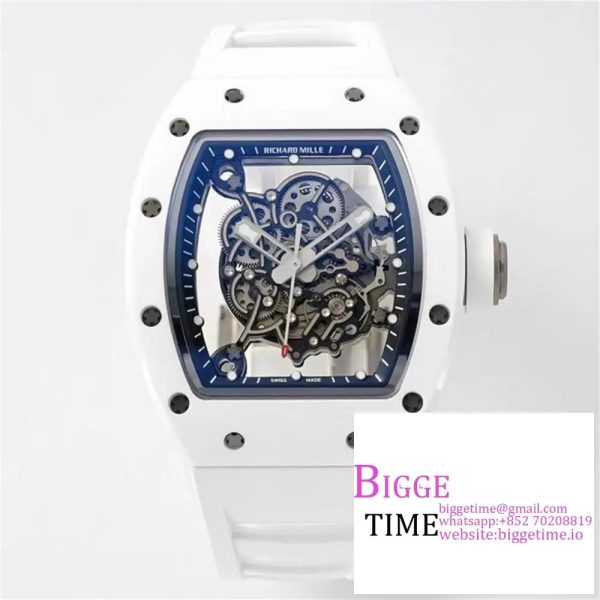 RM055 White Ceramic Skeleton Dial White Crown White Rubber Strap ZF NH05