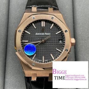 Royal Oak 41mm 15500 RG APSF 1:1 Best Edition Black Textured Dial on Black Leather Strap SA4302