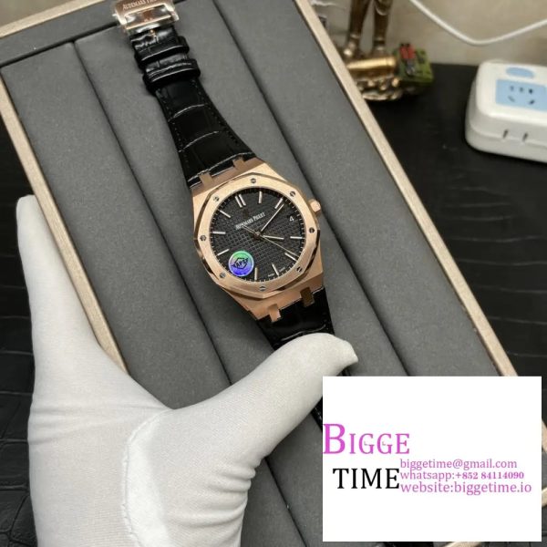 Royal Oak 41mm 15500 RG APSF 1:1 Best Edition Black Textured Dial on Black Leather Strap SA4302 - Image 3
