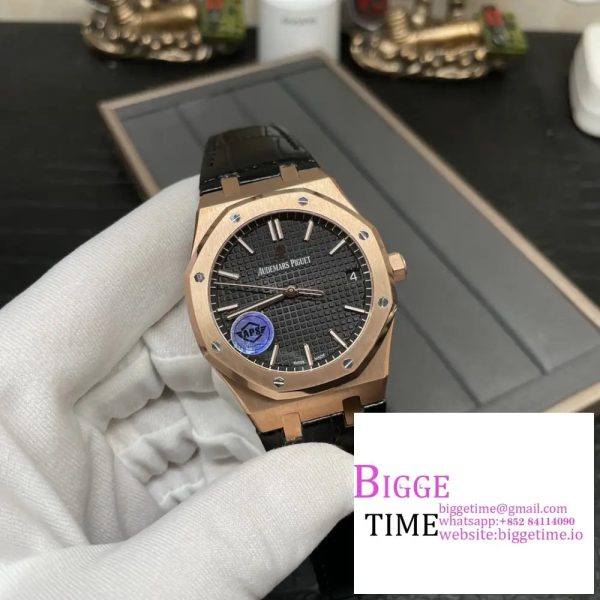 Royal Oak 41mm 15500 RG APSF 1:1 Best Edition Black Textured Dial on Black Leather Strap SA4302 - Image 5