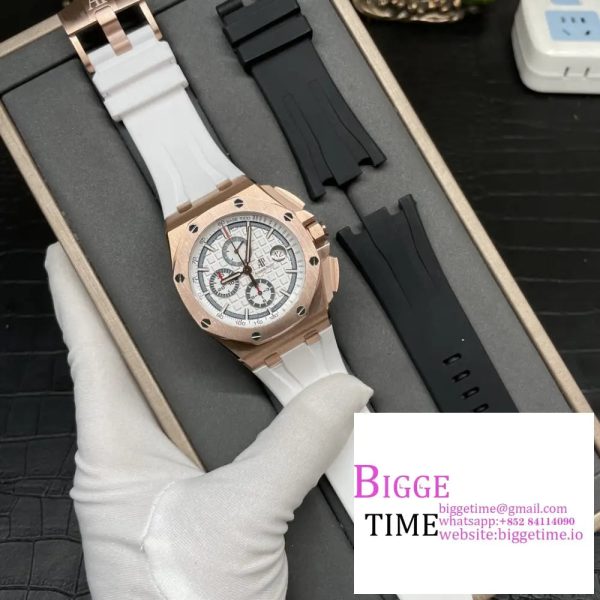 Royal Oak Offshore 44mm RG APF 1:1 Best Edition White Dial on White Rubber Strap A7750 - Image 5