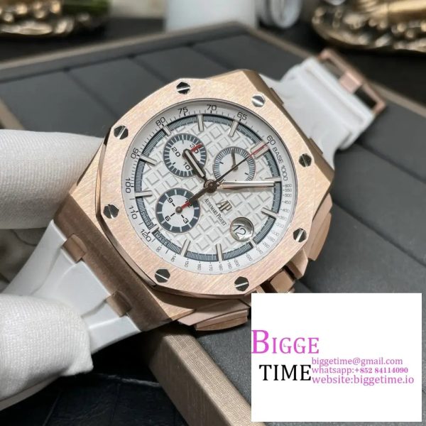 Royal Oak Offshore 44mm RG APF 1:1 Best Edition White Dial on White Rubber Strap A7750 - Image 3