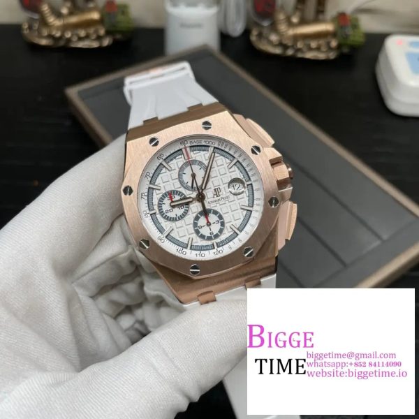 Royal Oak Offshore 44mm RG APF 1:1 Best Edition White Dial on White Rubber Strap A7750 - Image 4