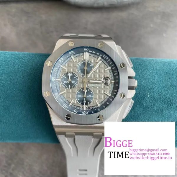 Royal Oak Offshore 44mm SS Black Ceramic Bezel APF 1:1 Best Edition Gray/Blue Dial on Gray Rubber Strap A7750 - Image 4
