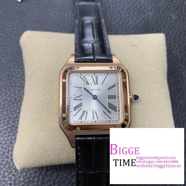 Santos Dumont 32mm RG AF 1:1 Best Edition Silver Dial on Blue Leather Strap Ronda Quartz  In stock Sku: Cartier 0266