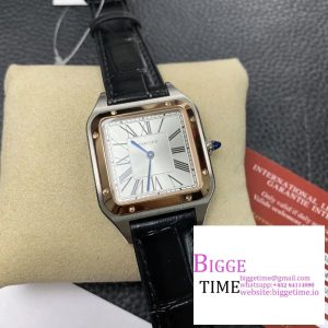 Santos Dumont 32mm SS AF 1:1 Best Edition RG Bezel Silver Dial on Gray Leather Strap Ronda Quartz