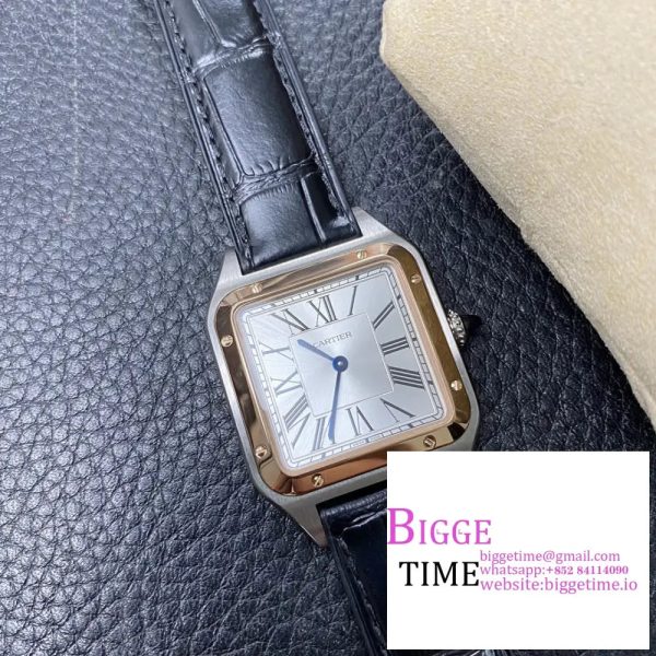 Santos Dumont 32mm SS AF 1:1 Best Edition RG Bezel Silver Dial on Gray Leather Strap Ronda Quartz - Image 6