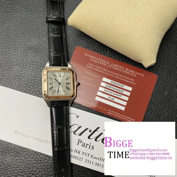 Santos Dumont 32mm SS AF 1:1 Best Edition RG Bezel Silver Dial on Gray Leather Strap Ronda Quartz - Image 2