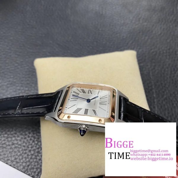 Santos Dumont 32mm SS AF 1:1 Best Edition RG Bezel Silver Dial on Gray Leather Strap Ronda Quartz - Image 3