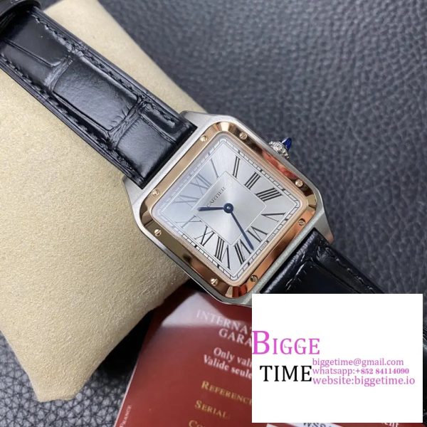 Santos Dumont 32mm SS AF 1:1 Best Edition RG Bezel Silver Dial on Gray Leather Strap Ronda Quartz - Image 4