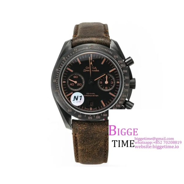 Speedmaster 44mm  Dark Side of The Moon  Real Ceramic Black Dial Brown Leather Strap N1F A7750