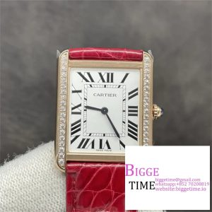 Tank 24mm YG Diamond Bezel White Dial Red Leather Strap K11F Swiss Quartz