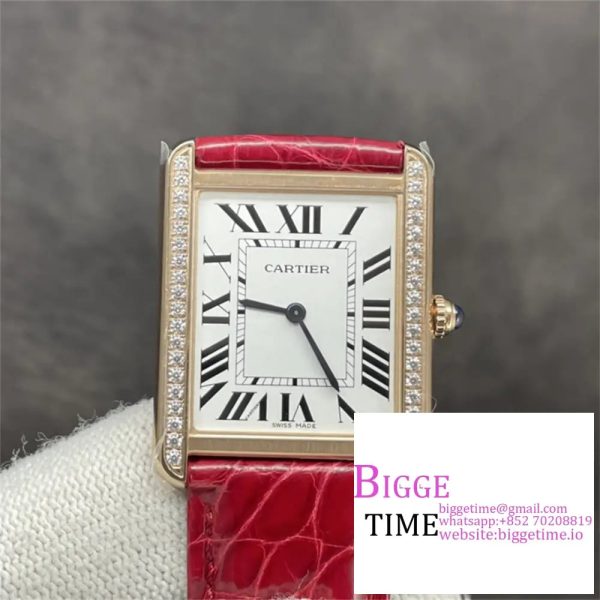 Tank 24mm YG Diamond Bezel White Dial Red Leather Strap K11F Swiss Quartz