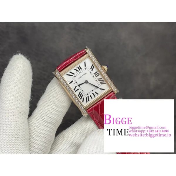 Tank 24mm YG Diamond Bezel White Dial Red Leather Strap K11F Swiss Quartz - Image 3