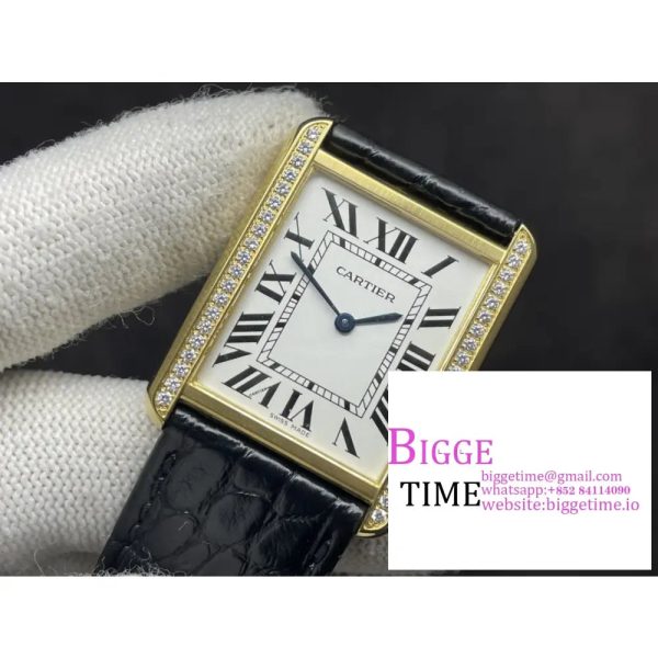 Tank Louis Cartier 29.5x22mm YG Diamond Bezel White Dial Black Leather Strap AF Swiss Quartz - Image 2