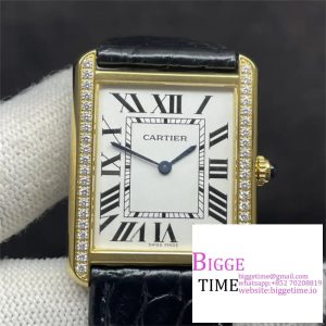 Tank Louis Cartier 29.5x22mm YG Diamond Bezel White Dial Black Leather Strap AF Swiss Quartz