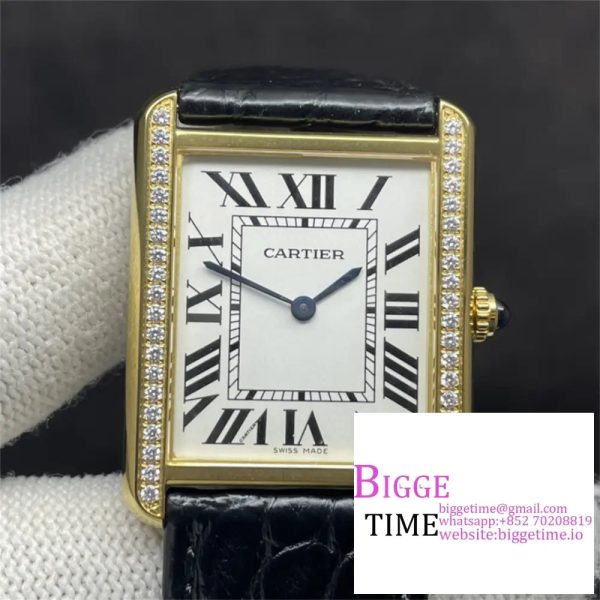 Tank Louis Cartier 29.5x22mm YG Diamond Bezel White Dial Black Leather Strap AF Swiss Quartz