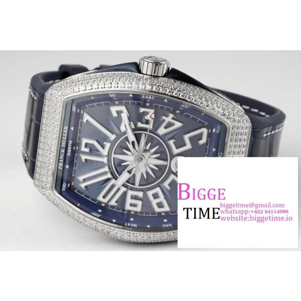 Vanguard V45 44mm Diamond Bezel Blue Dial Blue Leather Strap ABF A2824 - Image 3