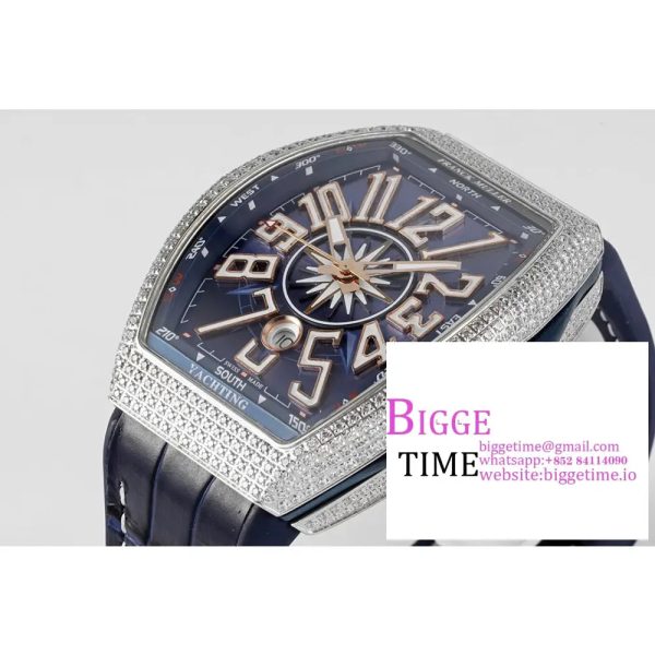 Vanguard V45 44mm Diamond Bezel Blue Dial RG Crown Blue Leather Strap ABF A2824 - Image 3