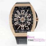 Vanguard V45 44mm RG Diamond Bezel Black Dial Blue Leather Strap ABF A2824