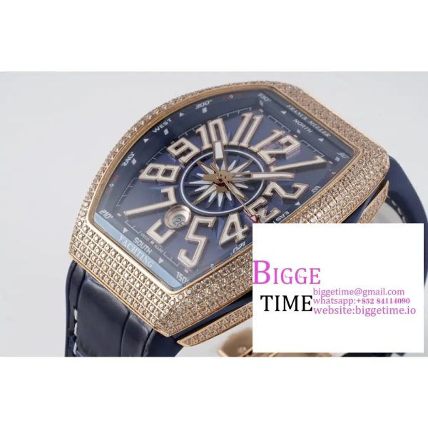 Vanguard V45 44mm RG Diamond Bezel Blue Dial Blue Leather Strap ABF A2824 - Image 6
