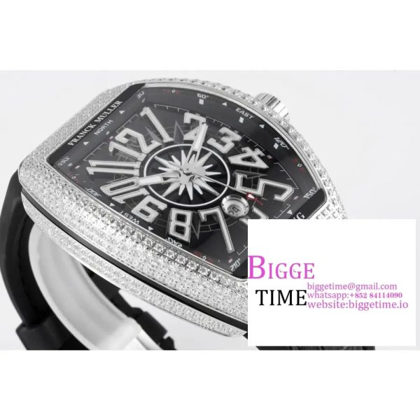 Vanguard V45 SS Full Diamonds OXF Best Edition Black Textured Dial Diamonds Markers on Black Gummy Strap A2824 - Image 4