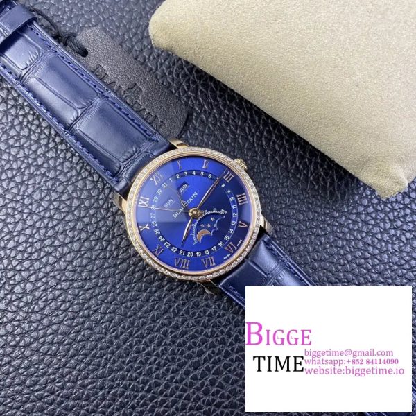 Villeret 6654 40mm Diamond Bezel RG Blue Dial Blue Leather Strap OMF A6654 V3 - Image 7